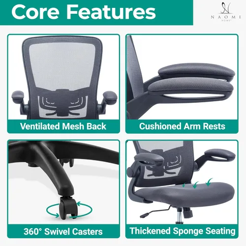 Miniatura 4 de Naomi Home Serena Silla ergonómica de malla de redacción, ajustable, malla transpirable, soporte lumbar, ergonómica y ajustable en altura ajustable