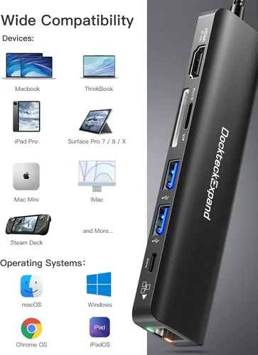 Miniatura 8 de Concentrador USB C Adaptador Multipuerto, DockteckExpand Dongle USB C 7 en 1 con Puerto HDMI 4K 60Hz, Ethernet de 1Gbps, 100W PD, 2 Puertos USB 3.0