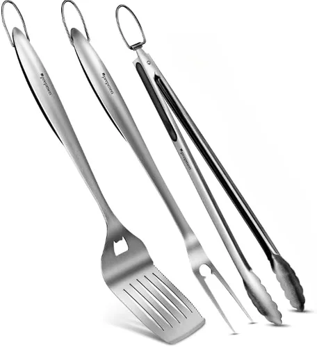 Juego de 3 utensilios de barbacoa resistentes para parrilla, espátula, tenedor (3 piezas)