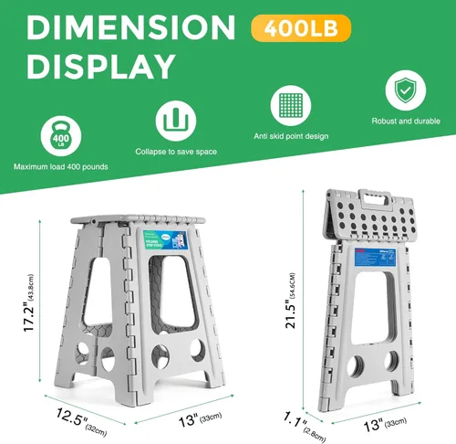 Miniatura 7 de Dyforce Taburete plegable de 17.5 pulgadas, capacidad de 400 libras, taburete plegable de plástico resistente para adultos, taburete con asa, fácil