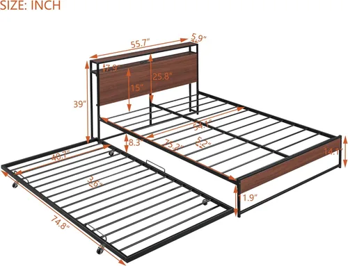Miniatura 2 de Harper & Bright Designs Cama de plataforma matrimonial con nido y puertos USB, marco de cama matrimonial de metal con cabecera de almacenamiento