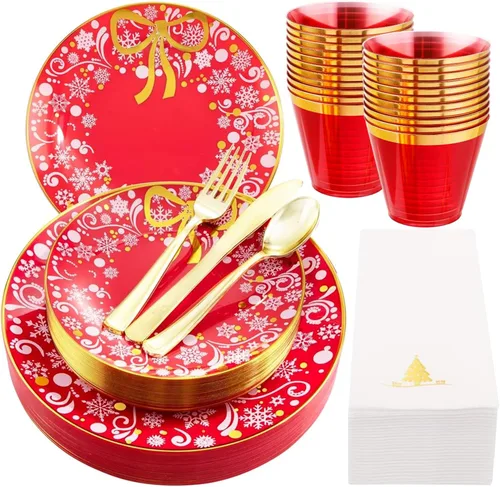 Miniatura 10 de Hioasis 175 piezas de platos de plástico para Navidad - Platos desechables de plástico azul y plateado incluyen 25 platos para cenar, 25 platos
