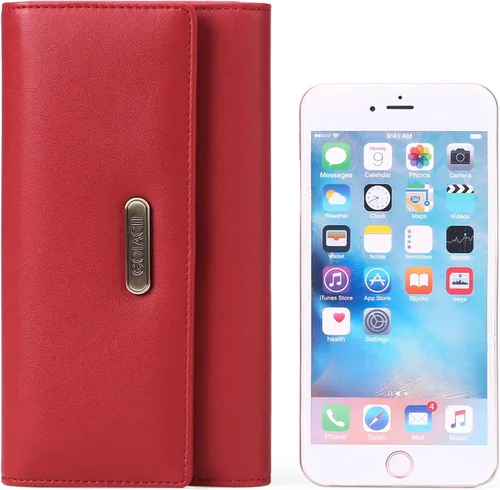 Miniatura 5 de GOIACII Cartera de mujer con bloqueo RFID triple pliegue cartera de mano larga para mujer cartera de cuero vegano con bolsillo para monedas A02-rojo