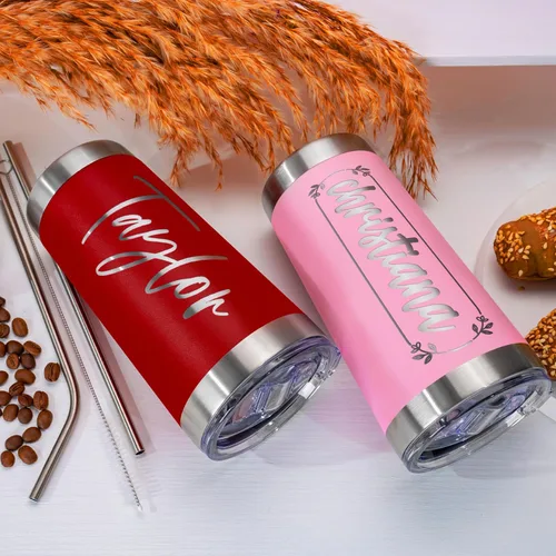 Miniatura 6 de Vasos personalizados, vaso de acero inoxidable con tapa Tazas personalizadas Rosa claro