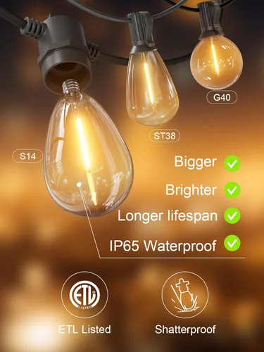 Miniatura 6 de Svater Guirnalda de luces para exteriores de 200 pies, luces de patio para exteriores con bombillas LED inastillables, impermeable, IP65, luz