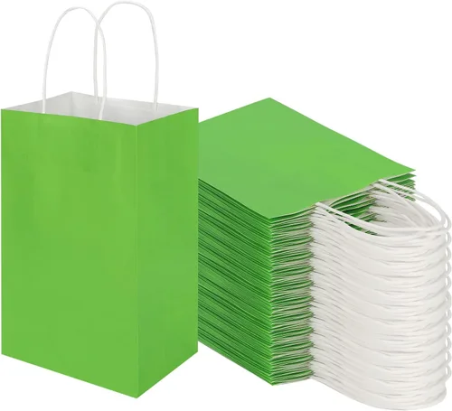 Paquete de 100 bolsas de papel kraft pequeñas de 5.25 x 3.25 x 8.25 pulgadas, color verde hierba con asas, a granel, bolsas de regalo de Toovip para