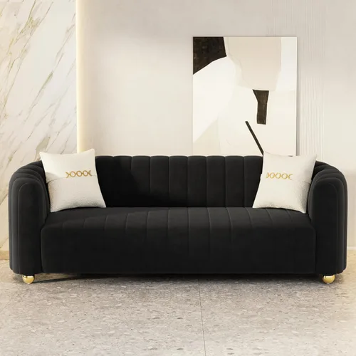 Miniatura 4 de Moderno juego de sofá de terciopelo negro de 3 piezas para sala de estar, juego de sofá curvado acolchado con patas de esfera de metal dorado