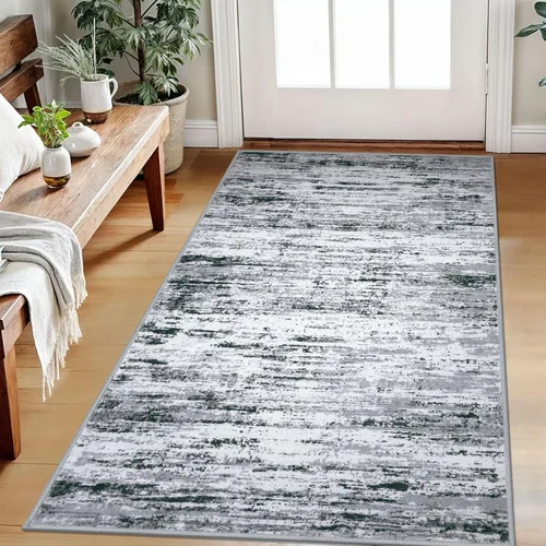 Miniatura 14 de Lansny Alfombra moderna abstracta de 2 x 5 pies, color negro, gris, blanco, lavable, alfombra de entrada para cocina, alfombra antideslizante suave