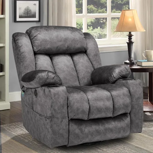 Miniatura 9 de Silla reclinable manual giratoria de 360 grados con masaje y calor, puertos USB, bolsillos laterales y portavasos, tela de terciopelo (marrón)