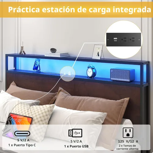 Miniatura 5 de Lifezone Base de cama Queen con cabecera de almacenamiento de 2 niveles, base de cama de plataforma de metal con 4 cajones de almacenamiento, Marrón