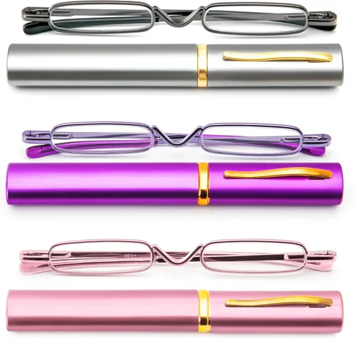 Miniatura 8 de DXYXYO Mini Gafas de Lectura para Hombre y Mujer, Compactas, Pequeñas, de Bolsillo, de Metal, con Estuche Portátil Rosa y azul