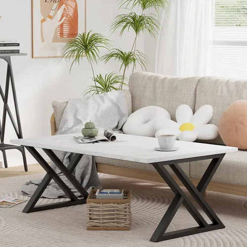 Miniatura 7 de Wolawu Mesa de Café Blanca para Sala de Estar, Mesa Central, Mesa de Té Rectangular Moderna y Simple de Falso Mármol con Estructura de Metal Negro