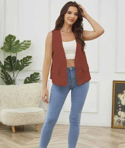 Miniatura 4 de YWS - Chalecos de moda para mujer, casual, sin mangas, con cuello en V, chaleco de lino y algodón