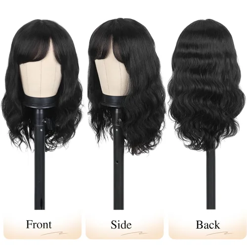 Miniatura 9 de Pelucas de cabello humano WIGER con onda natural con flequillo, línea de cabello mejorada, cabello ondulado suelto negro para mujeres, peluca