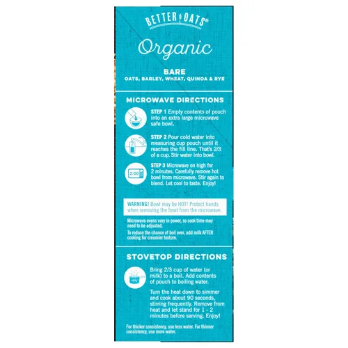 Miniatura 7 de Better Oats Bare Organic - Paquetes de cereales calientes multigrano, avena instantánea, textura gruesa y abundante, orgánico USDA, caja de 8 bolsas