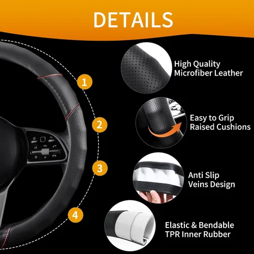 Miniatura 4 de Funda para volante, universal de 15 pulgadas, protector de volante de cuero sintético antideslizante, transpirable y compatible con calefacción