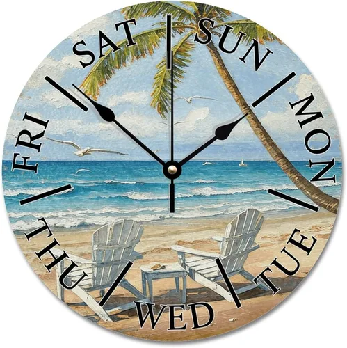 Miniatura 24 de ArogGeld Reloj de pared de 5 O'Clock Somewhere - Reloj redondo de madera para casa de playa, 10, silencioso, sin tictac, batería de cuarzo, granja