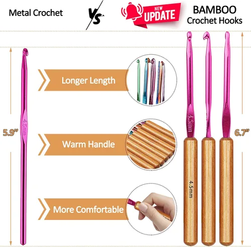 Miniatura 2 de Coopay Ganchos de ganchillo de bambú con agarre cómodo, kit de ganchillo de 6.7 pulgadas más largas de aluminio para ganchillo, juego de ganchos