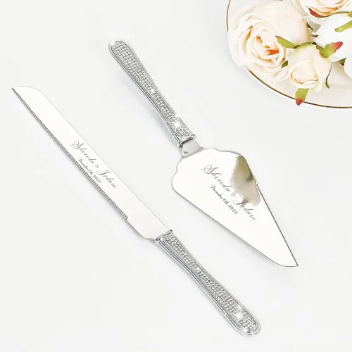 Miniatura 11 de Juego de cuchillo y servidor para pastel de boda, juego de corte de pastel personalizado, elegantes cortadores de pasteles grabados con diamantes