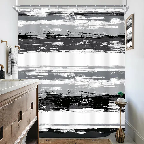 Miniatura 4 de KOMLLEX Cortina de ducha abstracta en blanco y negro para decoración de baño, 60 pulgadas de ancho x 72 pulgadas de alto, moderna a rayas grises
