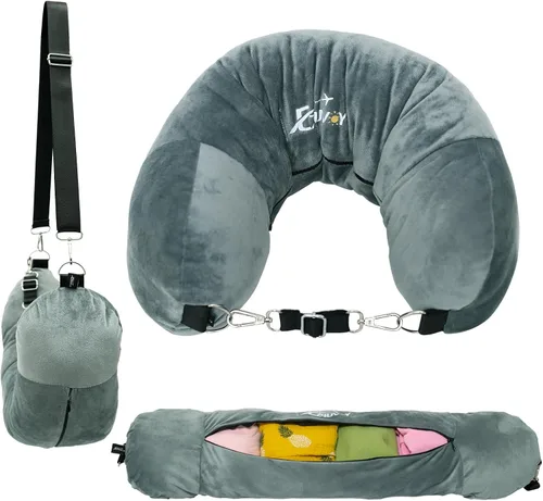 Miniatura 9 de Almohada de viaje para el cuello rellenable con ropa, almohada para el cuello rellenable para viajar, bolsa de almacenamiento rellenable y plegable