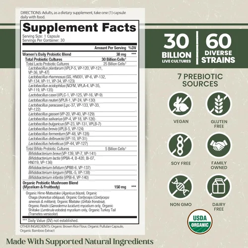 Miniatura 2 de Vital Planet - Probióticos orgánicos de flora para mujeres, probióticos diarios de 30 mil millones de UFC, 60 cepas diversas, mezcla de hongos