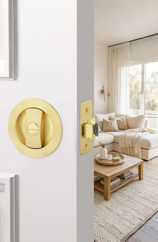 Miniatura 2 de goldenwarm Cerradura de Puerta Corrediza Redonda de Níquel Cepillado, Herrajes para Puerta Corrediza para Orificio Redondo de 2-1/8'', Manijas