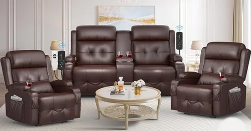 Miniatura 25 de Sofá biplaza reclinable grande y alto con capacidad de 880 libras, sofá biplaza de masaje con consola, 90% preconstruido de fábrica, reposapiés