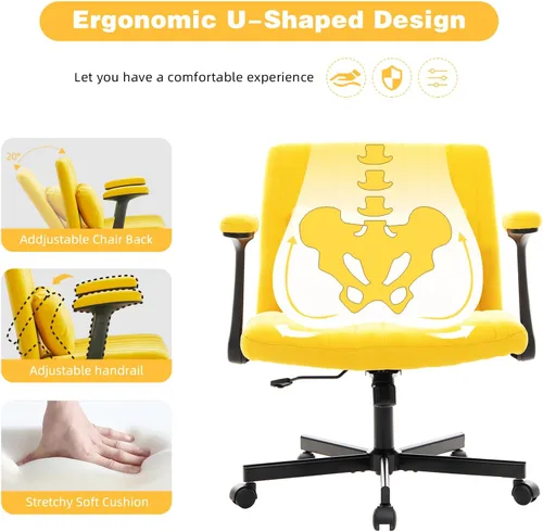 Miniatura 5 de Silla de oficina de terciopelo con patas cruzadas con ruedas y brazos abatibles ajustables, silla de asiento ancha giratoria para oficina en casa