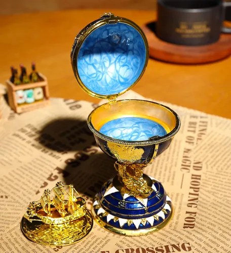 Miniatura 2 de Faberge - Caja de joyería de huevo con diamantes de imitación esmaltados, caja de joyería Faberge con bisagras, caja de anillos para decoración
