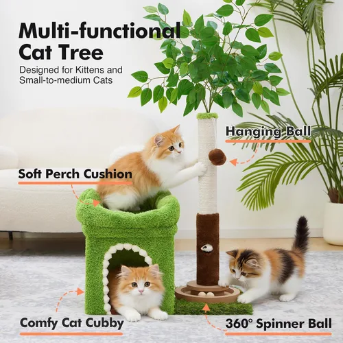 Miniatura 4 de Woochpet Árbol pequeño para gatos con poste rascador y pista de bolas, torre verde para gatos con hojas realistas para gatitos y gatos pequeños