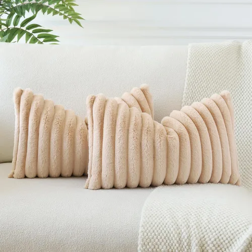 Soleebee Juego de 2 fundas de cojines decorativos de terciopelo suave y acogedor, fundas de piel sintética de conejo para sofá, cama, silla, Camel