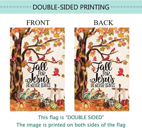 Miniatura 6 de Baccessor Bandera de otoño de 28 x 40 pulgadas, árbol cardenal de otoño para Jesús que nunca deja bandera vertical de doble cara, calabaza cosecha