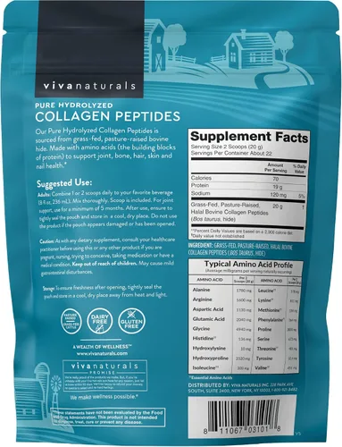 Miniatura 8 de Viva Naturals Polvo de péptidos de colágeno – Bovino hidrolizado alimentado con pasto, tipo I y III, 0.49 oz de proteína, sin sabor, fácil