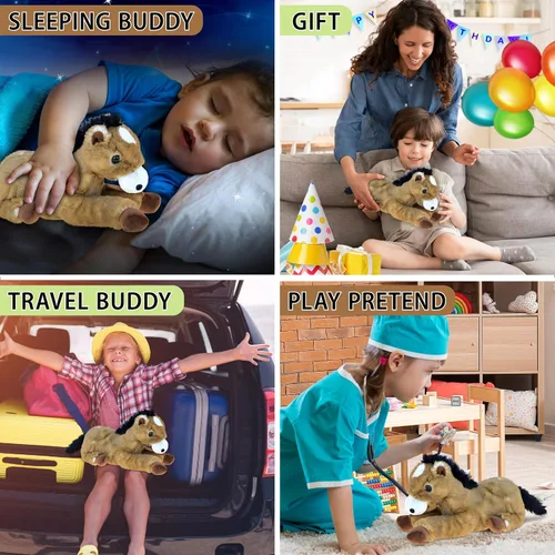 Miniatura 4 de DolliBu - Caballo de peluche negro suave y abrazable, adorable juguete de juego para niños y niñas, lindo regalo de animales de granja para niños
