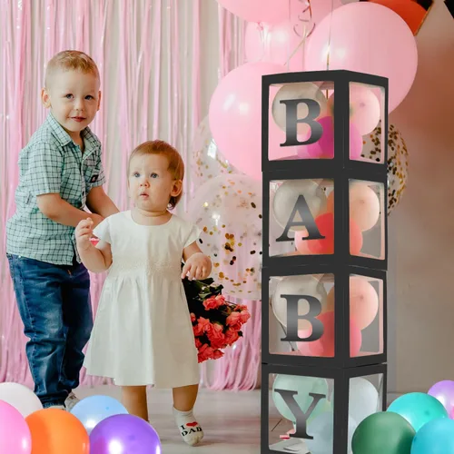 Miniatura 5 de Cajas de bebé con 4 letras para baby shower, caja de globos transparentes color negro, bloques de decoración de revelación de género y fiesta