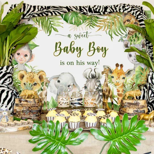 Miniatura 4 de Telón de fondo de 7 x 5 pies con diseño de animales de safari de la selva para baby shower, baby shower, para bebé, niño está en camino, es un niño