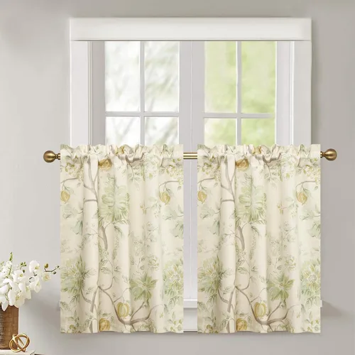 Miniatura 2 de Leeva Cortinas rústicas de cocina con estampado floral verde mezclado de lino para media ventana, para comedor, bolsillo para barra, cafetería
