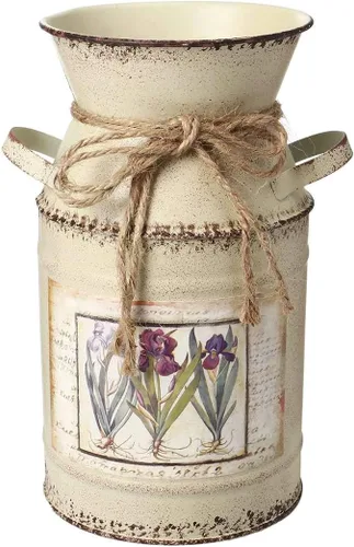 PEPAXON Jarrón de metal desgastado para florero rústico, jarrón blanco con asa, jarra francesa vintage para decoración del hogar, boda, fiesta de