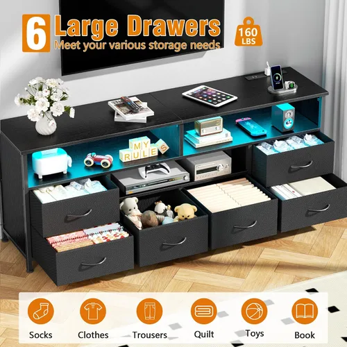 Miniatura 5 de Furologee Soporte de TV LED de 55 pulgadas para dormitorio, centro de entretenimiento con 6 cajones de tela para televisores de 50, 55, 60 pulgadas