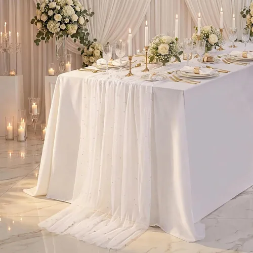 Miniatura 44 de LuoluoHouse Camino de Mesa de Perla para Centros de Mesa de Boda: Camino de Mesa de Perla de 10 pies, Decoración de Mesa de 29x120 Pulgadas de Tul