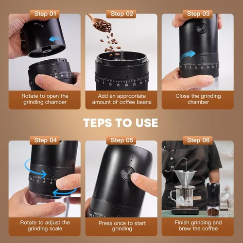 Miniatura 6 de Molinillo eléctrico portátil de granos de café, rebabas cónicas de cerámica mejoradas con 40 niveles externos ajustables finos a ajustes gruesos