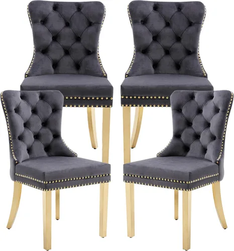 Miniatura 11 de Juego de 2 Sillas de Comedor, Sillas de Terciopelo Acolchado con Patas Modernas de Acero Inoxidable, Ribete de Remaches con Anilla Metálica