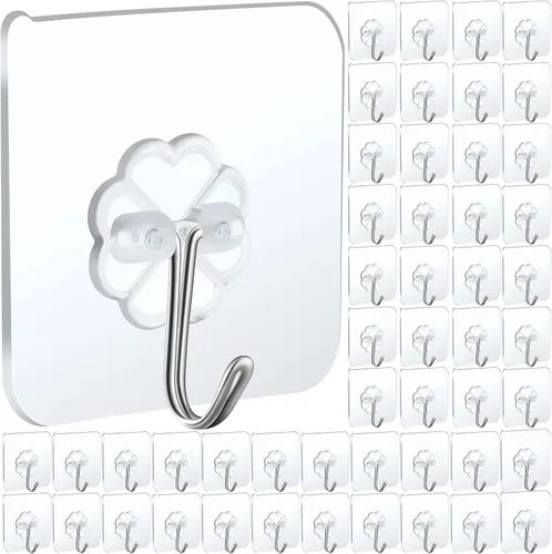 Paquete de 50 ganchos adhesivos, ganchos de pared resistentes de 22 libras (máx.) para colgar llaves, tazas, sombreros, abrigos, ganchos adhesivos