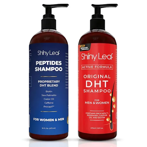 Shiny Leaf Paquete de champú para el crecimiento del cabello, juego de champú bloqueador y péptido DHT, champús antiadelgazamiento con biotina,