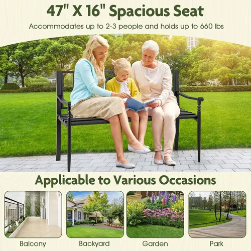 Miniatura 7 de Giantex Banco de metal para exteriores con respaldo, reposabrazos curvos, almohadillas antideslizantes, asiento de listones para 2-3 personas, carga