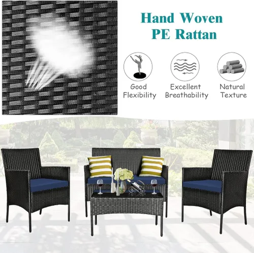 Miniatura 6 de Tangkula Juego de muebles de patio de 8 piezas, juego de conversación de mimbre para exteriores con mesa de vidrio templado, juego de sofá y sillas