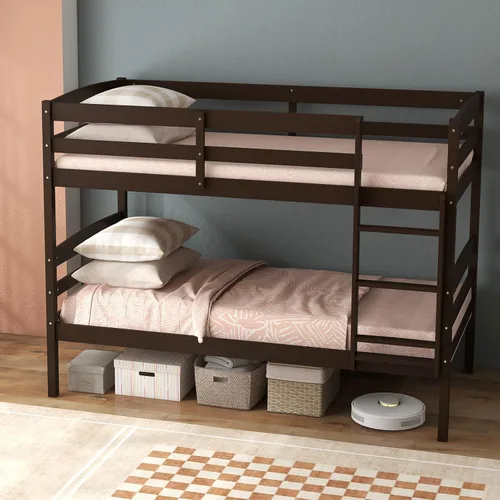 Miniatura 9 de KOMFOTT - Litera con tamaño doble sobre dos individuales, estructura de litera de madera con barandilla de longitud completa y escalera integrada