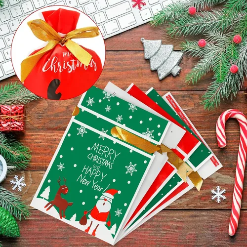 Miniatura 2 de 50 bolsas de dulces de Navidad, bolsas de regalo de Navidad con cordón de plástico para fiestas de cumpleaños, envoltura de aperitivos, regalo
