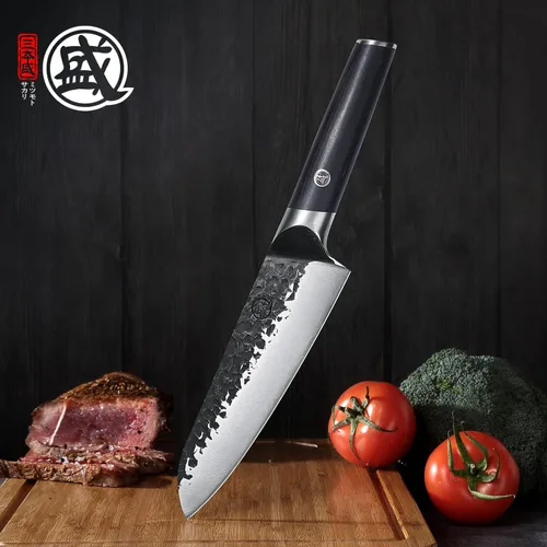 Miniatura 8 de MITSUMOTO SAKARI - Cuchillo japonés Santoku de 7 pulgadas, acero SKD-11 Wide 2mm Santoku blade for slicing, dicing and mincing, 3-layer SKD-11